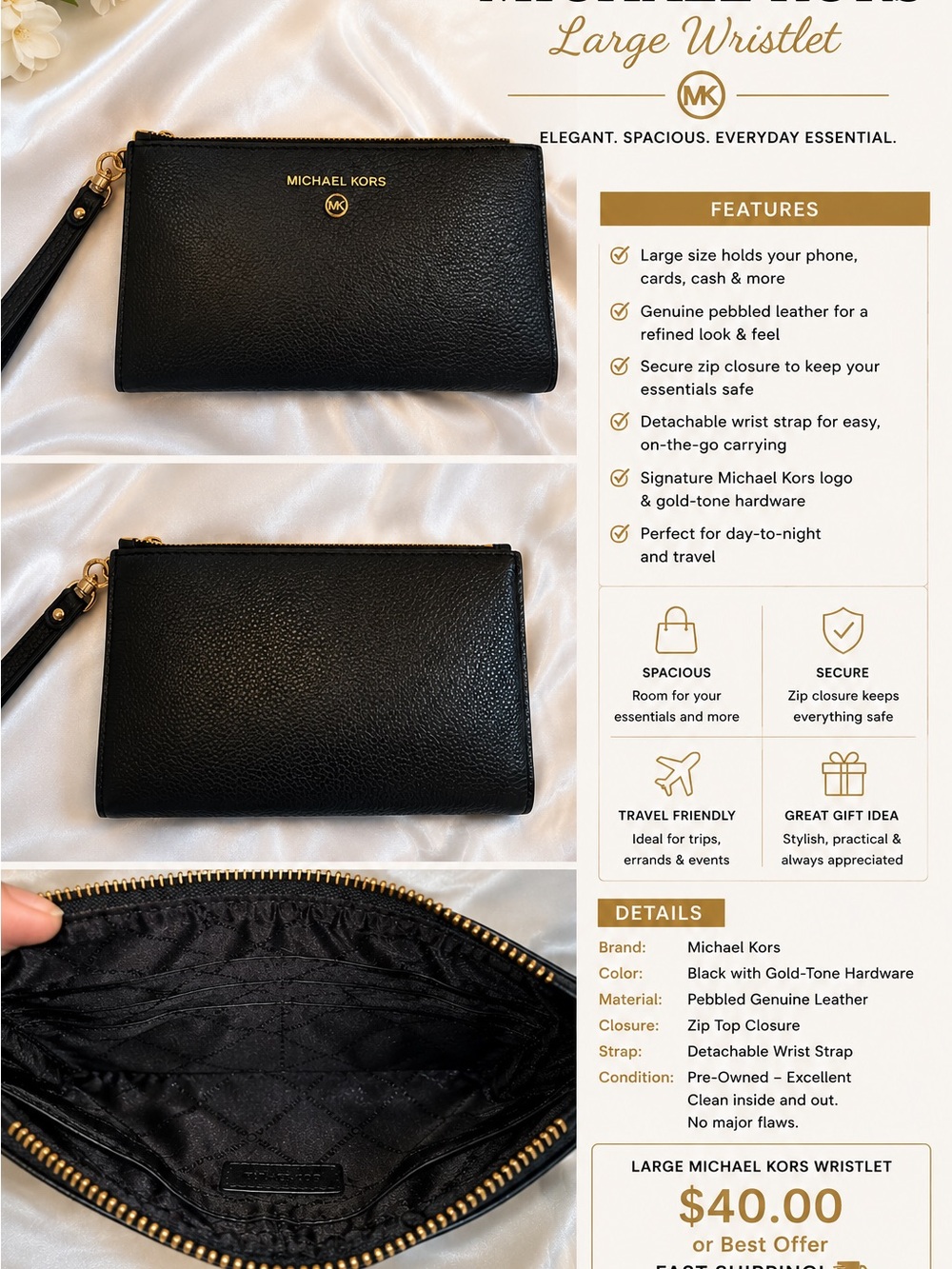 Michael Kors Black Pebbled Leather Wristlet with Gold Hardware